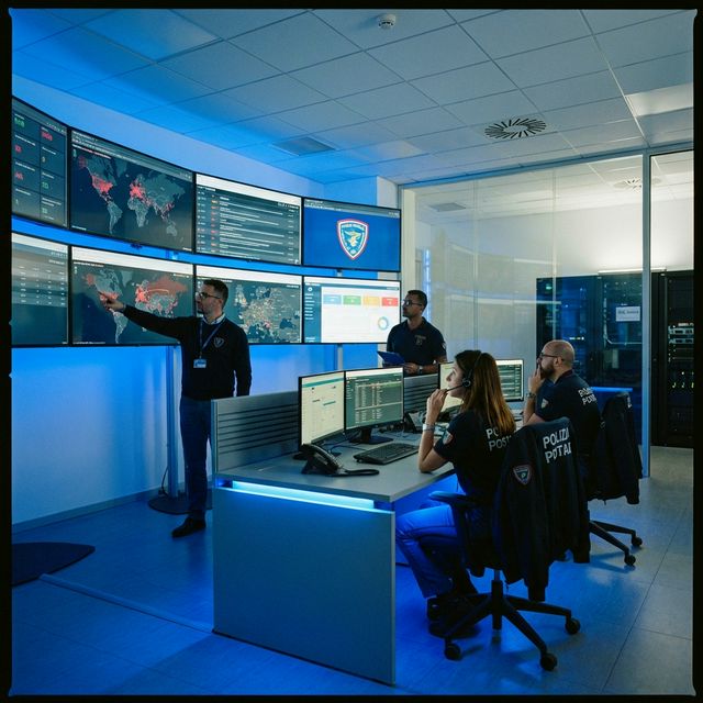 Team di esperti che monitora sistemi di sicurezza